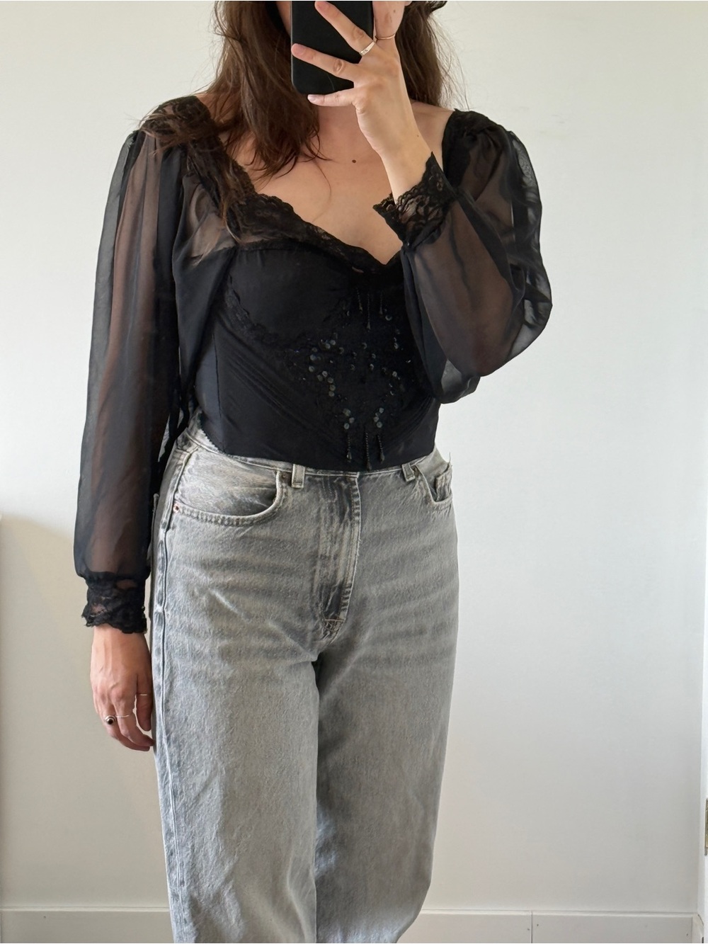 Vintage Corset Long Sleeve Top Beaded Embroidered Whimsigoth Dark Romantic Vamp - Picture 3 of 13